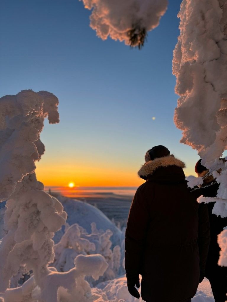 Pareja caminando por el bosque nevado de Rovaniemi en una escapada romántica en Laponia