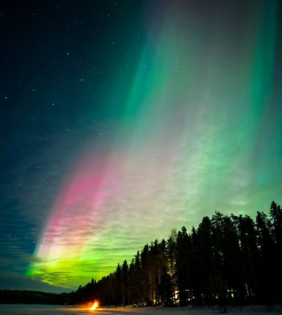 Paisaje nocturno en Rovaniemi ideal para ver auroras, con cielo oscuro y nieve